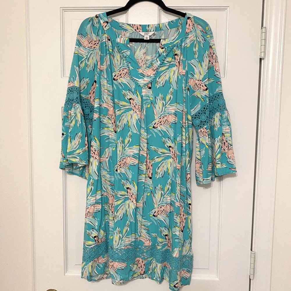 Crown & Ivy Turquoise Toucan Peasant Dress Size Large